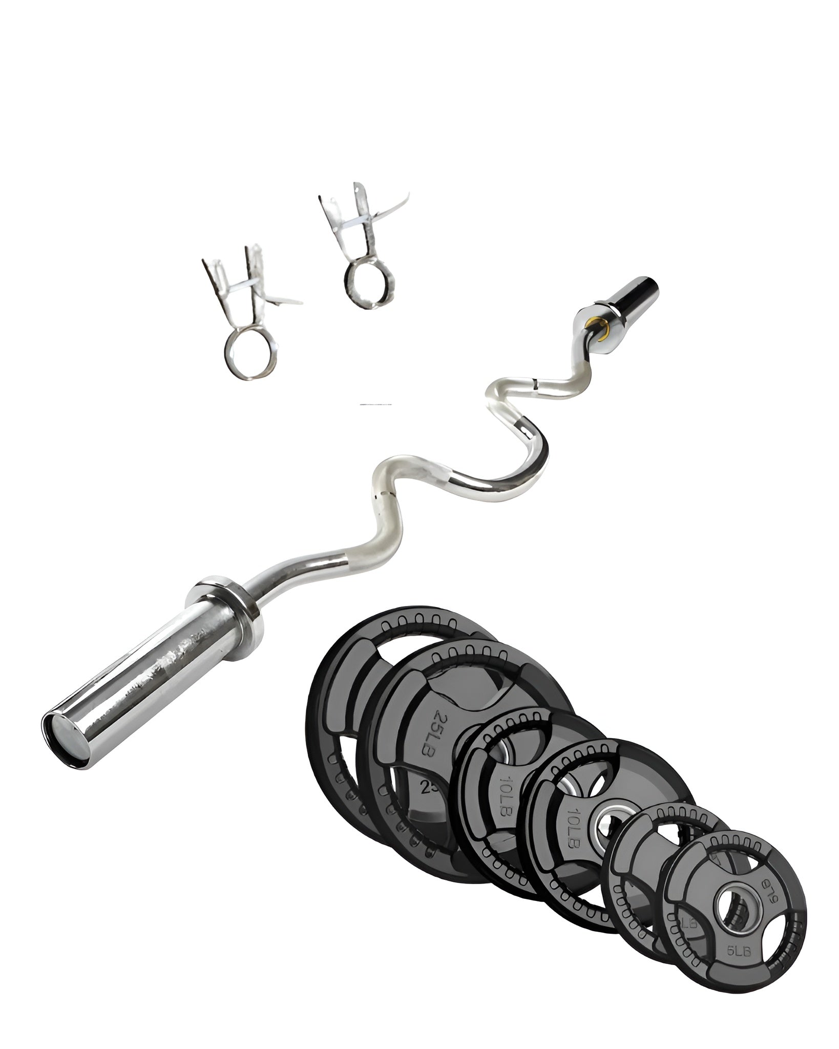 Barre Super EZ Curl de chez HALT3R détaillant fitness posant avec une paire de collets de sureté ainsi que des poids Tri-Grip recouverts de caoutchouc. 2x25lbs, 2x10lbs, 2x5lbs