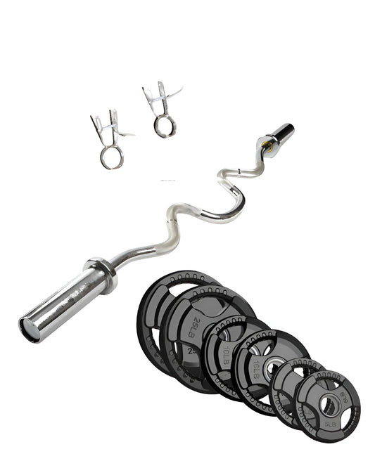 Barre Super EZ Curl de chez HALT3R détaillant fitness posant avec une paire de collets de sureté ainsi que des poids Tri-Grip recouverts de caoutchouc. 2x25lbs, 2x10lbs, 2x5lbs
