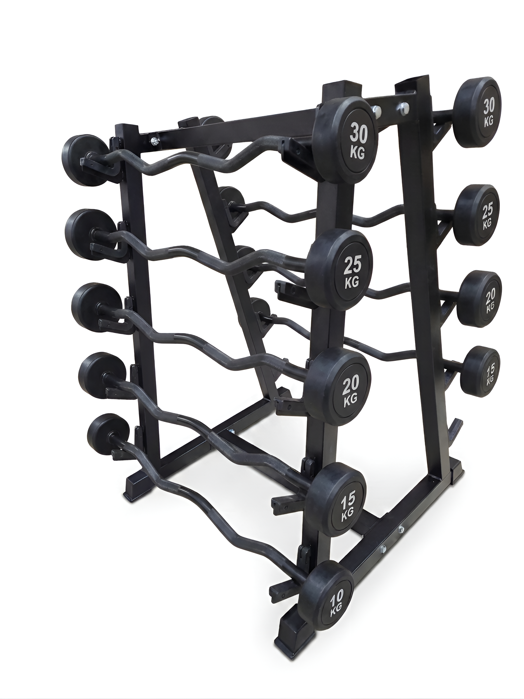 Support de rangement vertical en acier noir chargé de 10 barres fixes (barres droites et EZ curl) de 10 kg à 30 kg, sur fond blanc.