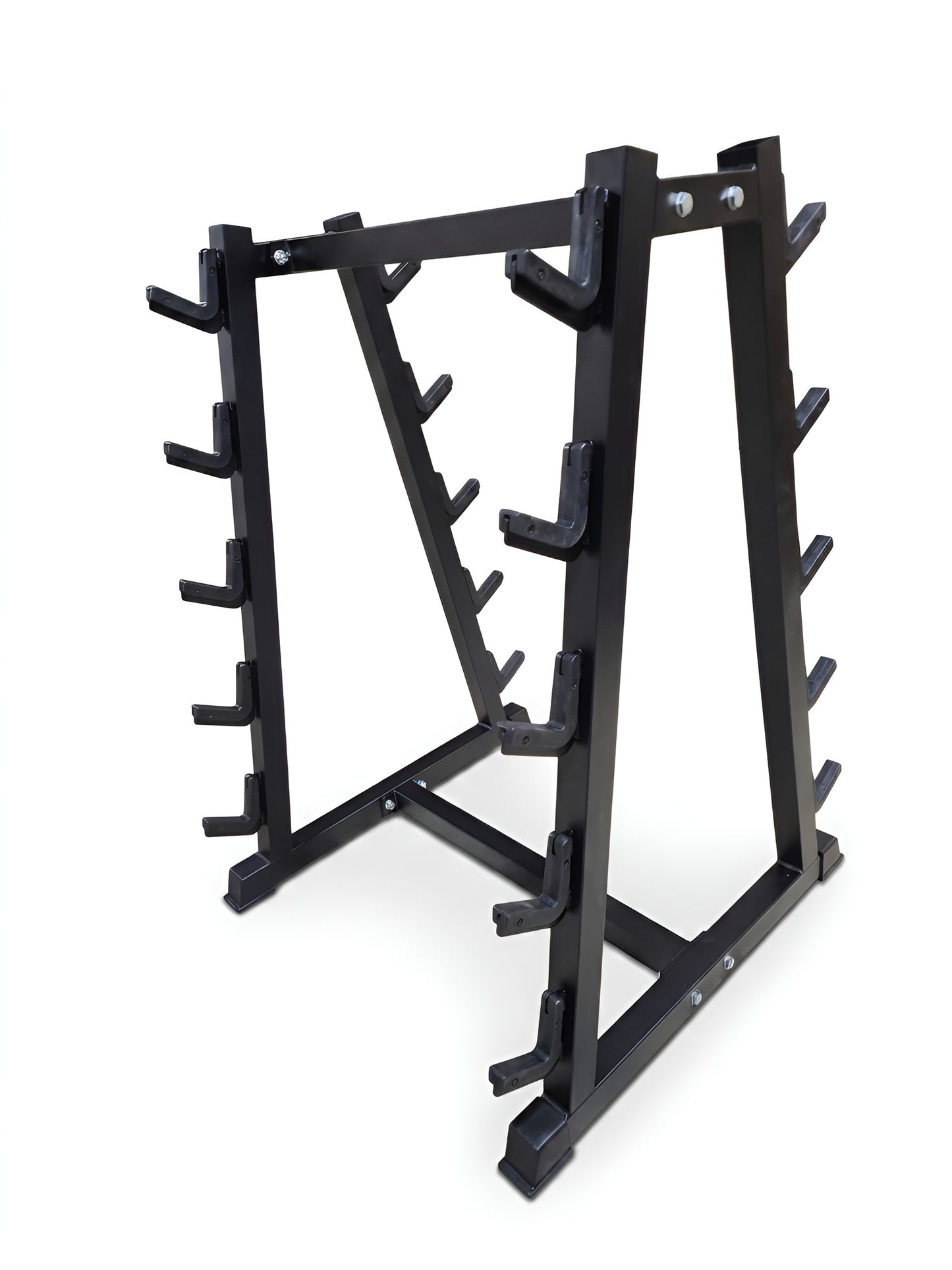 Vue de face du support de rangement vertical en forme de A pour 10 barres fixes, avec une structure en acier noir mat et des berceaux de protection noirs, sur fond blanc.