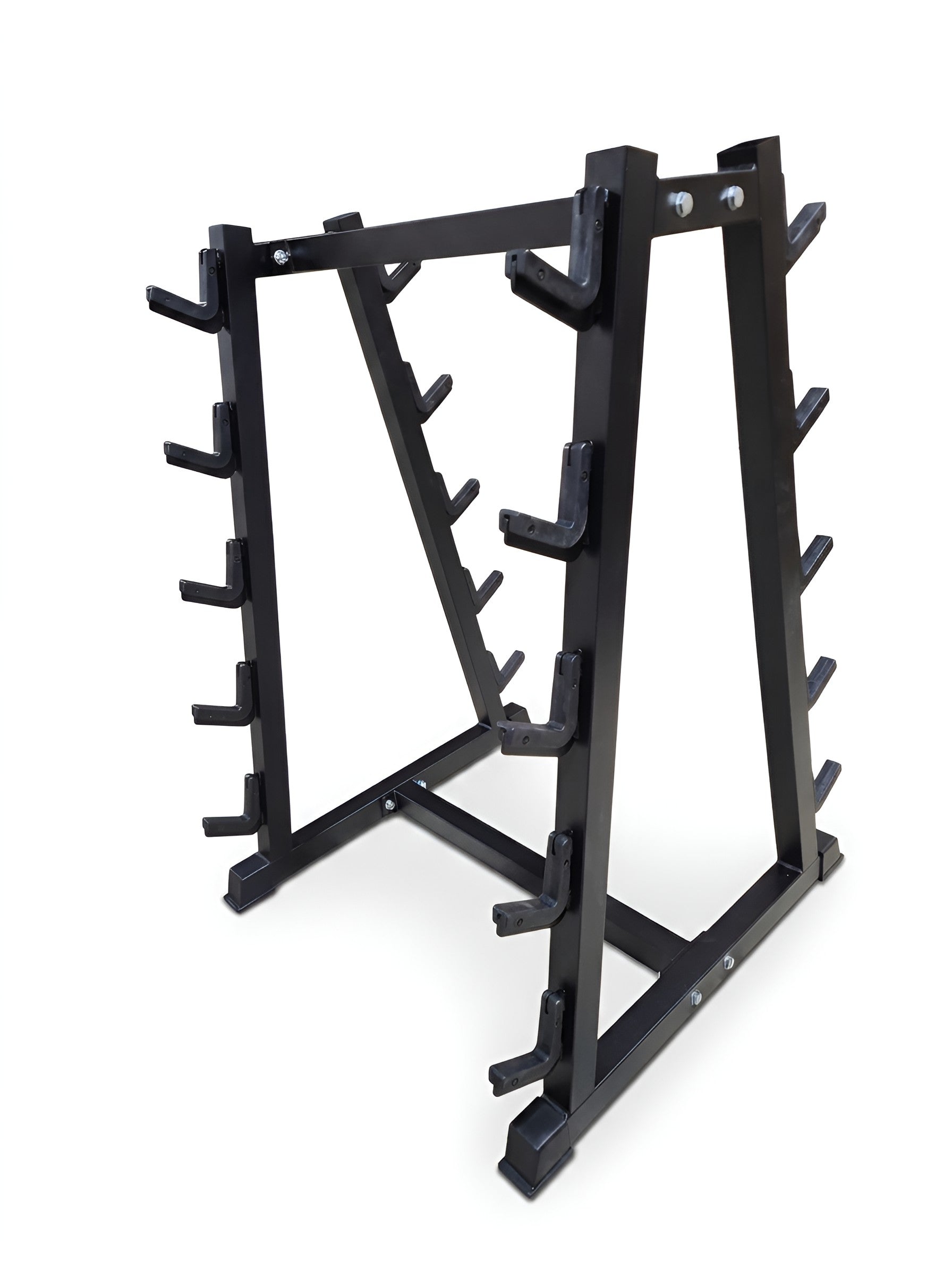 Vue de face du support de rangement vertical en forme de A pour 10 barres fixes, avec une structure en acier noir mat et des berceaux de protection noirs, sur fond blanc.