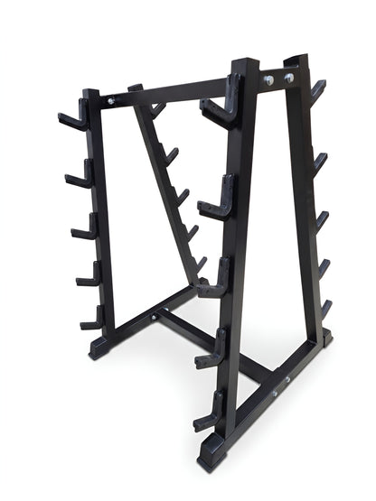 Vue de face du support de rangement vertical en forme de A pour 10 barres fixes, avec une structure en acier noir mat et des berceaux de protection noirs, sur fond blanc.