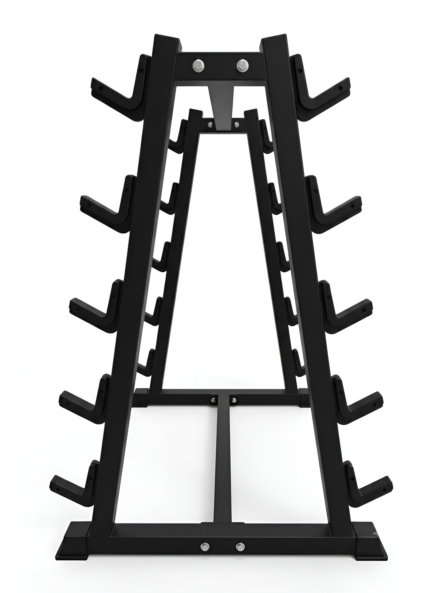 Vue en perspective de trois quarts du support vertical pour 10 barres fixes, montrant la profondeur et la disposition des berceaux de rangement des deux côtés, sur fond blanc.