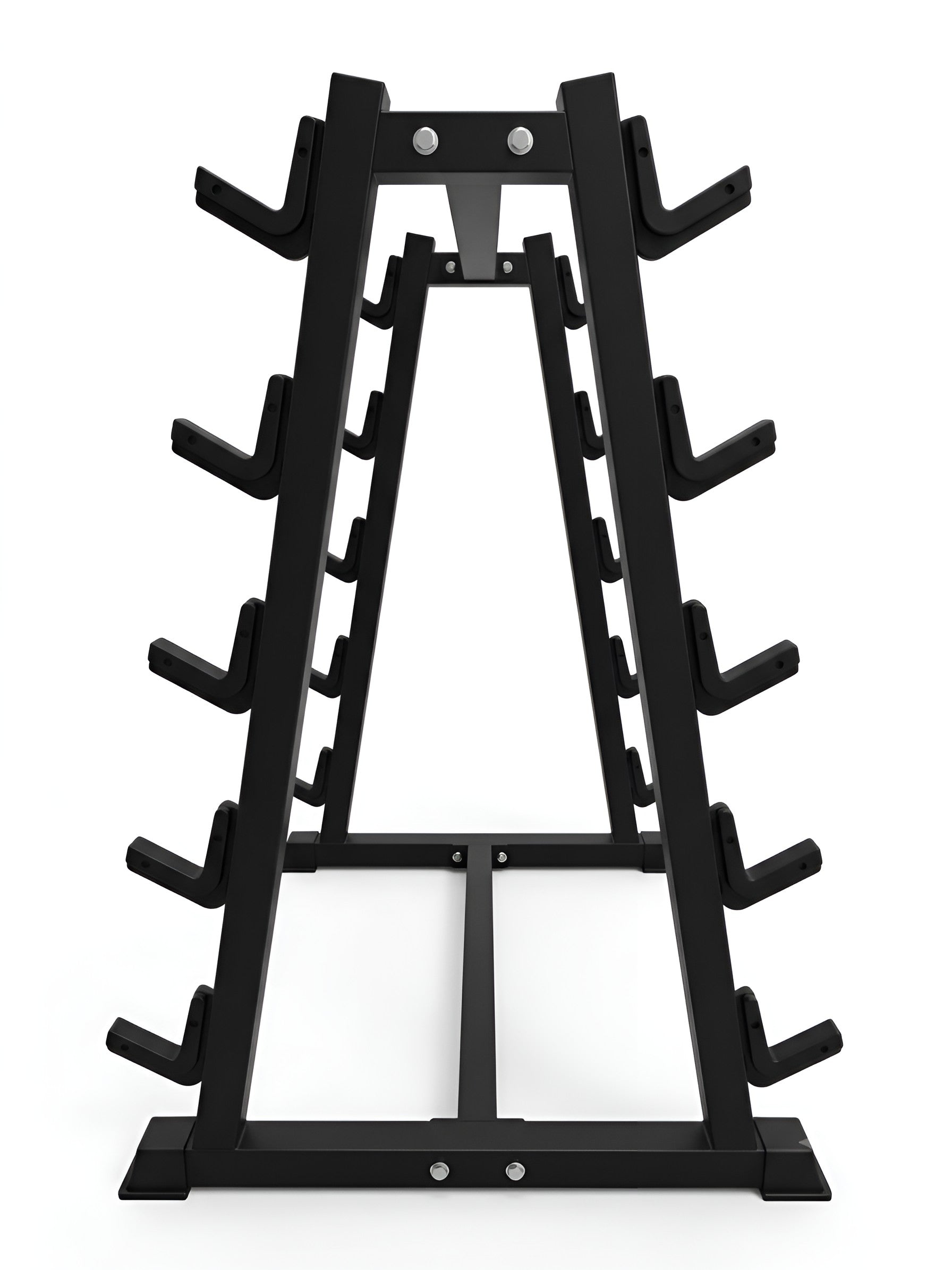Vue en perspective de trois quarts du support vertical pour 10 barres fixes, montrant la profondeur et la disposition des berceaux de rangement des deux côtés, sur fond blanc.