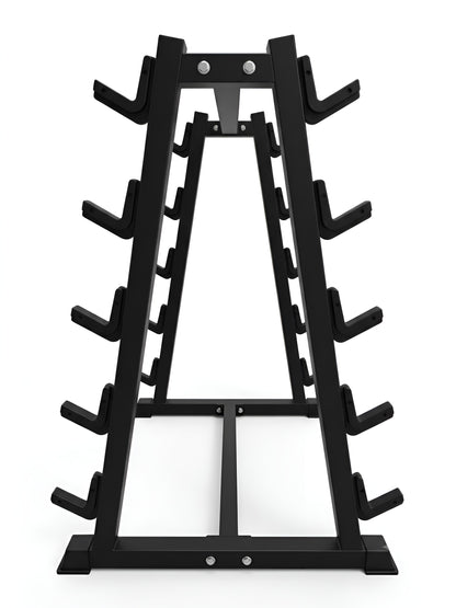 Vue en perspective de trois quarts du support vertical pour 10 barres fixes, montrant la profondeur et la disposition des berceaux de rangement des deux côtés, sur fond blanc.