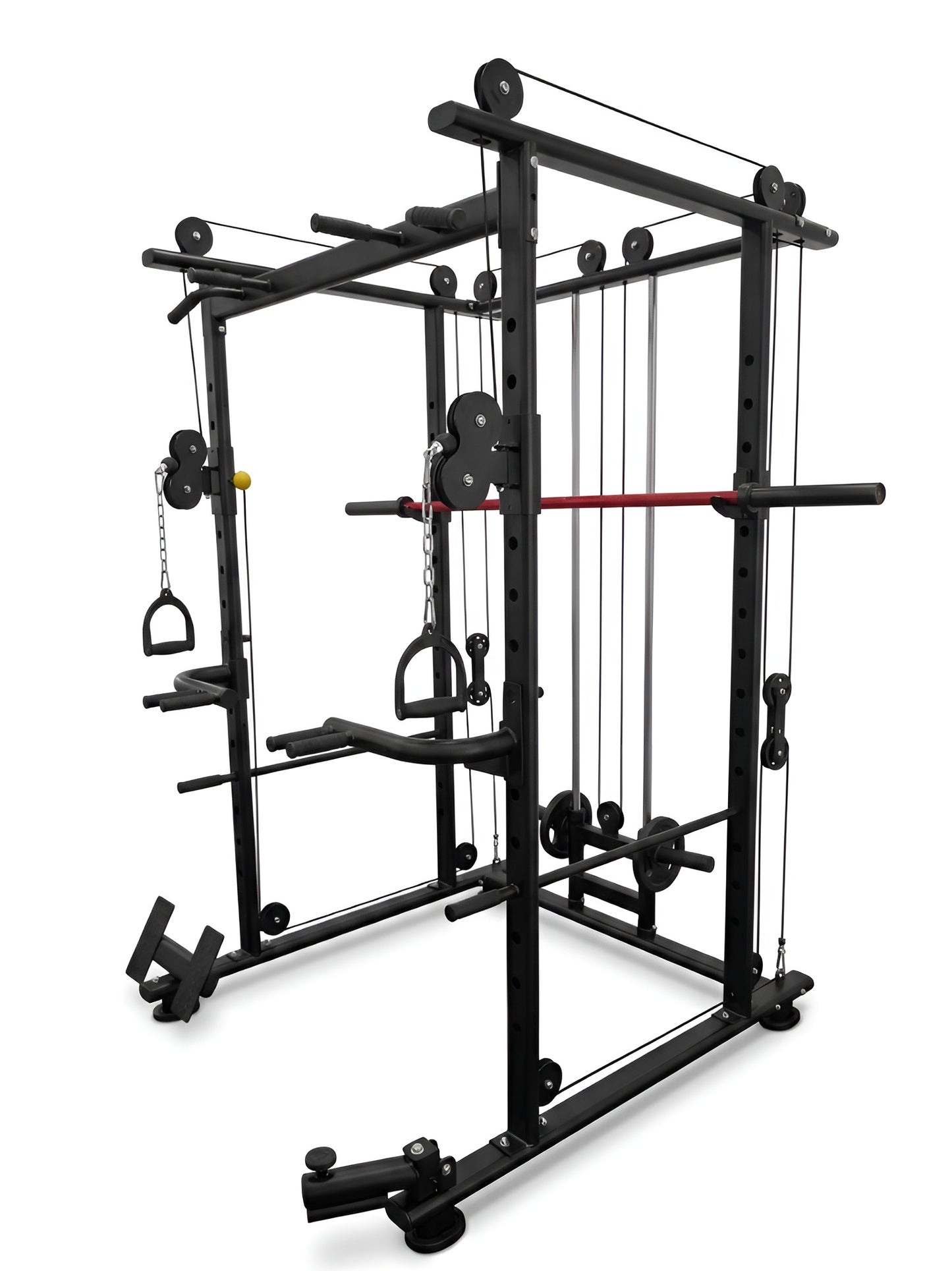 Cage de squat robuste combinée à une machine à câbles, un système de poulies et une station de traction.
