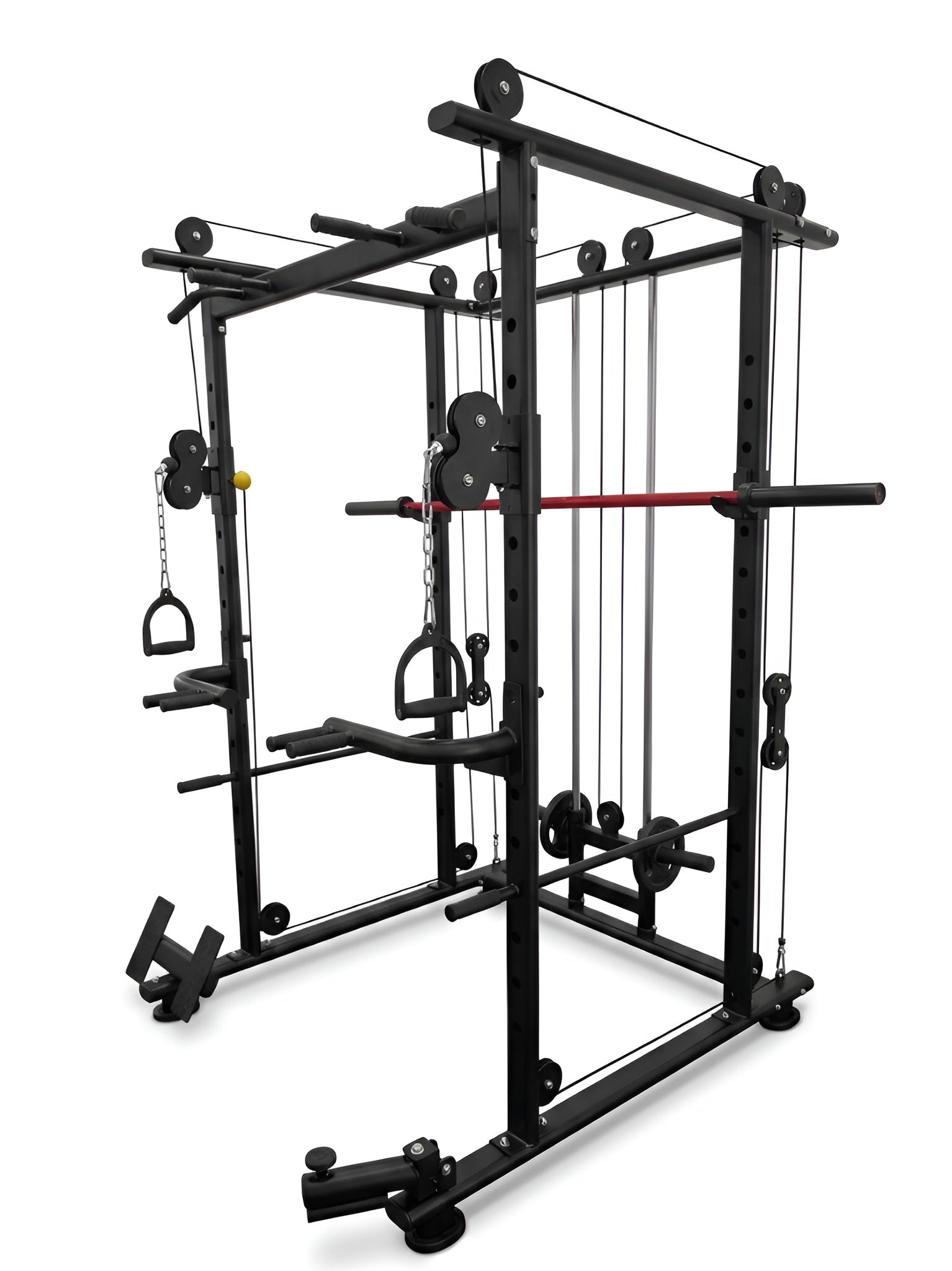 Cage de squat robuste combinée à une machine à câbles, un système de poulies et une station de traction.