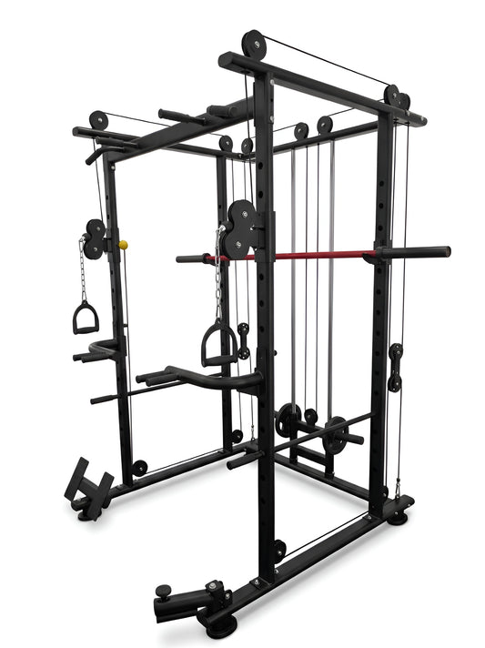 Cage de squat robuste combinée à une machine à câbles, un système de poulies et une station de traction.