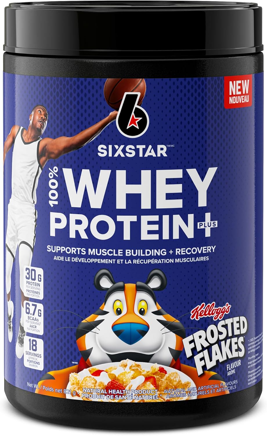 Pot de poudre de protéine 100% Whey Protein Plus de marque Six Star, saveur de céréales Frosted Flakes de Kellogg's, format de 1,81 lb.