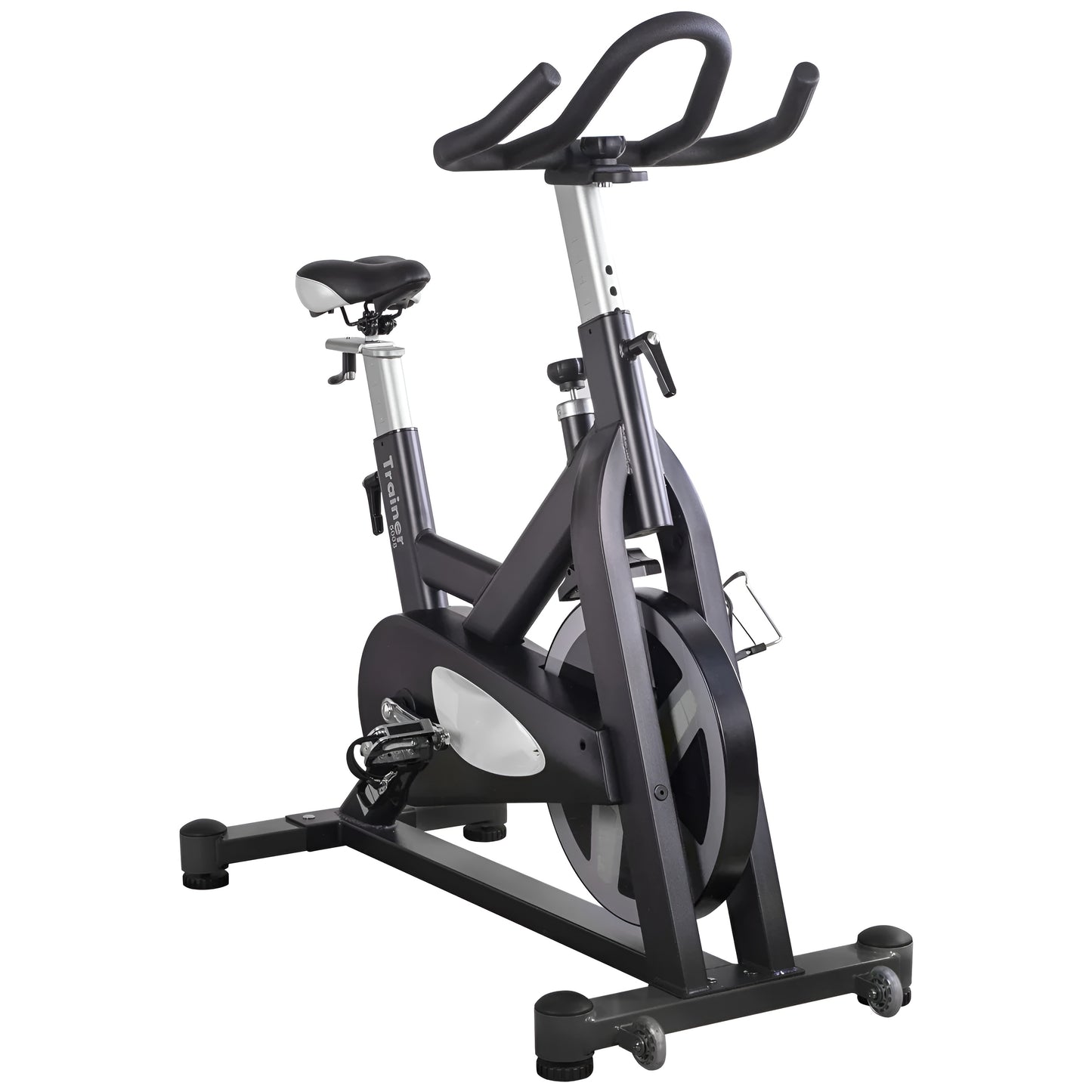 Vue en perspective trois quarts arrière droite du vélo de spinning noir HMC 5008 HALT3R sur fond blanc. Le porte-bouteille et le mécanisme de résistance sont mis en évidence.
