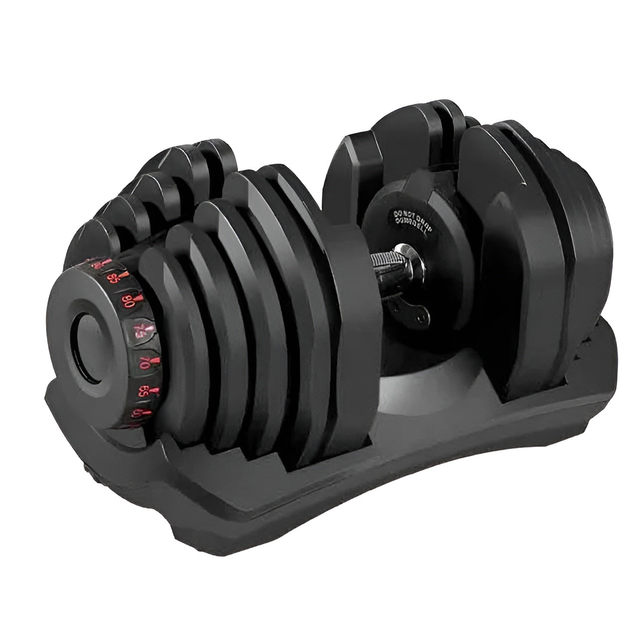 Dumbbell ajustable variant entre 10 et 90lbs sur sa base.