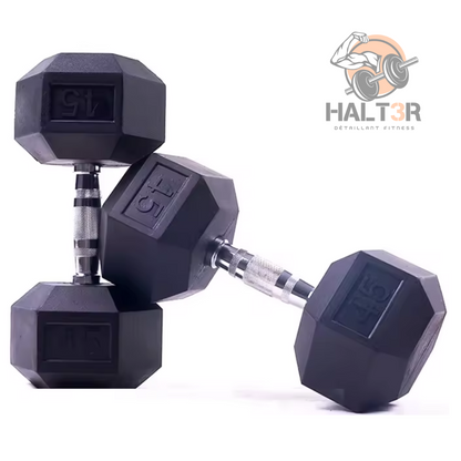 Dumbbell set de 45lbs fièrement posé sur fond blanc