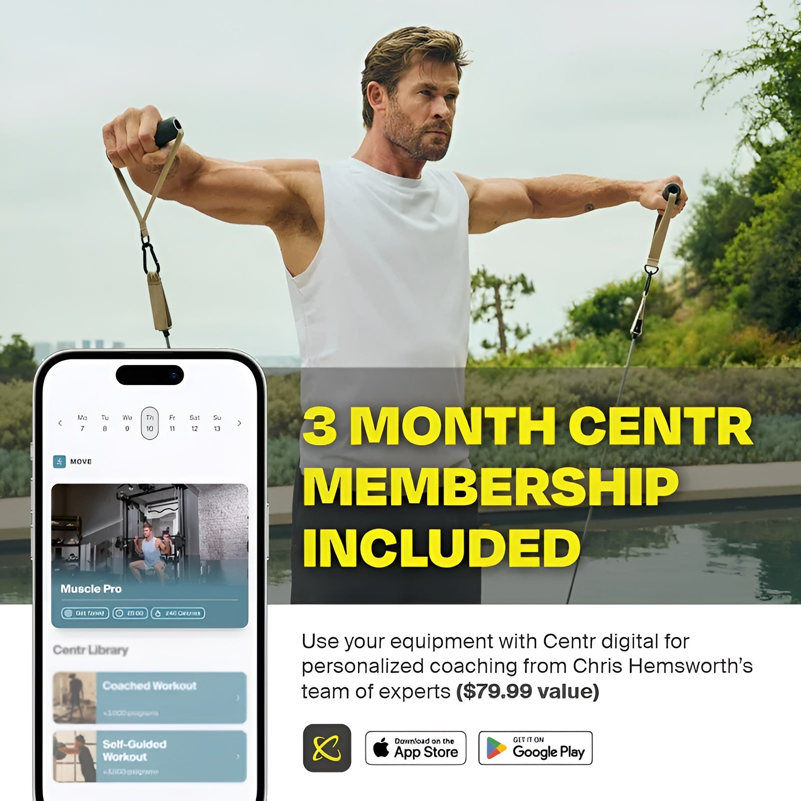 Visuel promotionnel pour l'application Inspire Fitness / Centr, offrant des programmes d'entraînement personnalisés avec l'achat de l'équipement.