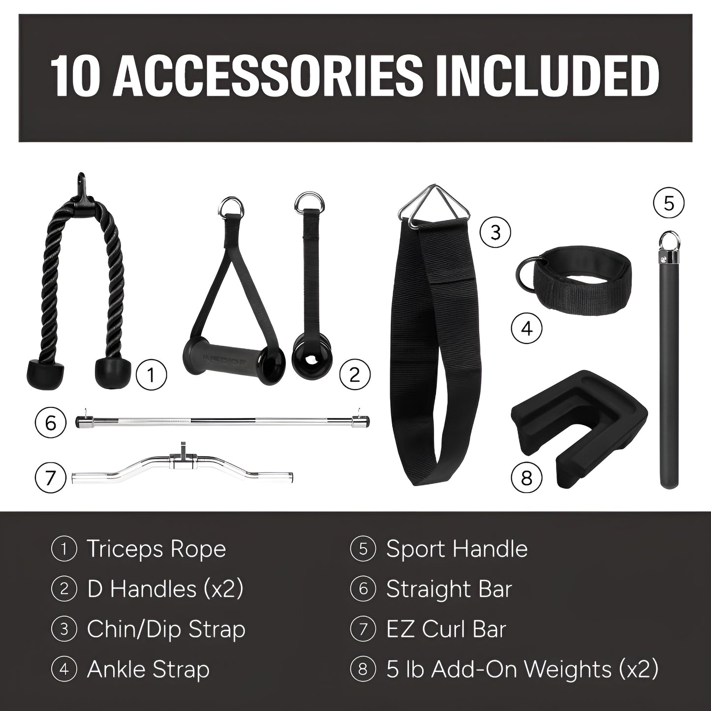 Ensemble complet d'accessoires inclus avec l'Inspire FT1 : barre de tirage, corde à triceps, poignées rotatives, sangle de cheville et livret d'exercices.
