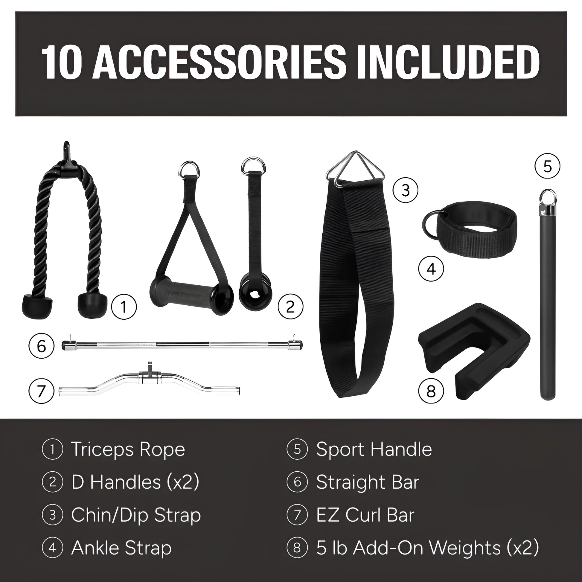 Ensemble complet d'accessoires inclus avec l'Inspire FT1 : barre de tirage, corde à triceps, poignées rotatives, sangle de cheville et livret d'exercices.