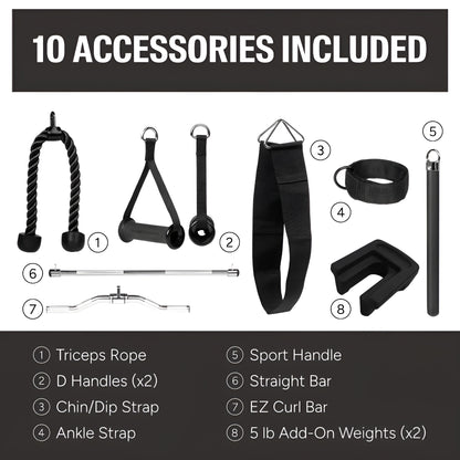 Ensemble complet d'accessoires inclus avec l'Inspire FT1 : barre de tirage, corde à triceps, poignées rotatives, sangle de cheville et livret d'exercices.
