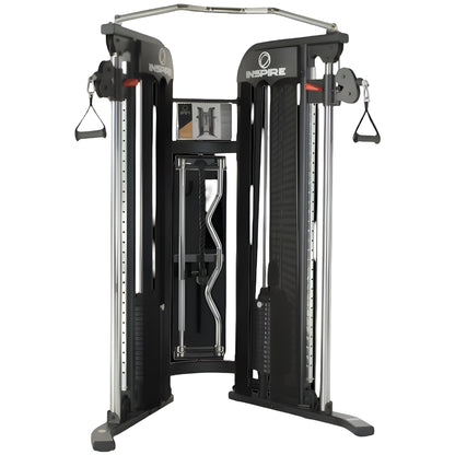 Appareil de musculation Inspire FT1 Functional Trainer avec double colonne de poids, poulies ajustables et barre de traction intégrée.
