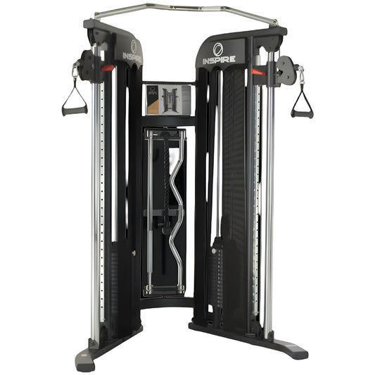 Appareil de musculation Inspire FT1 Functional Trainer avec double colonne de poids, poulies ajustables et barre de traction intégrée.