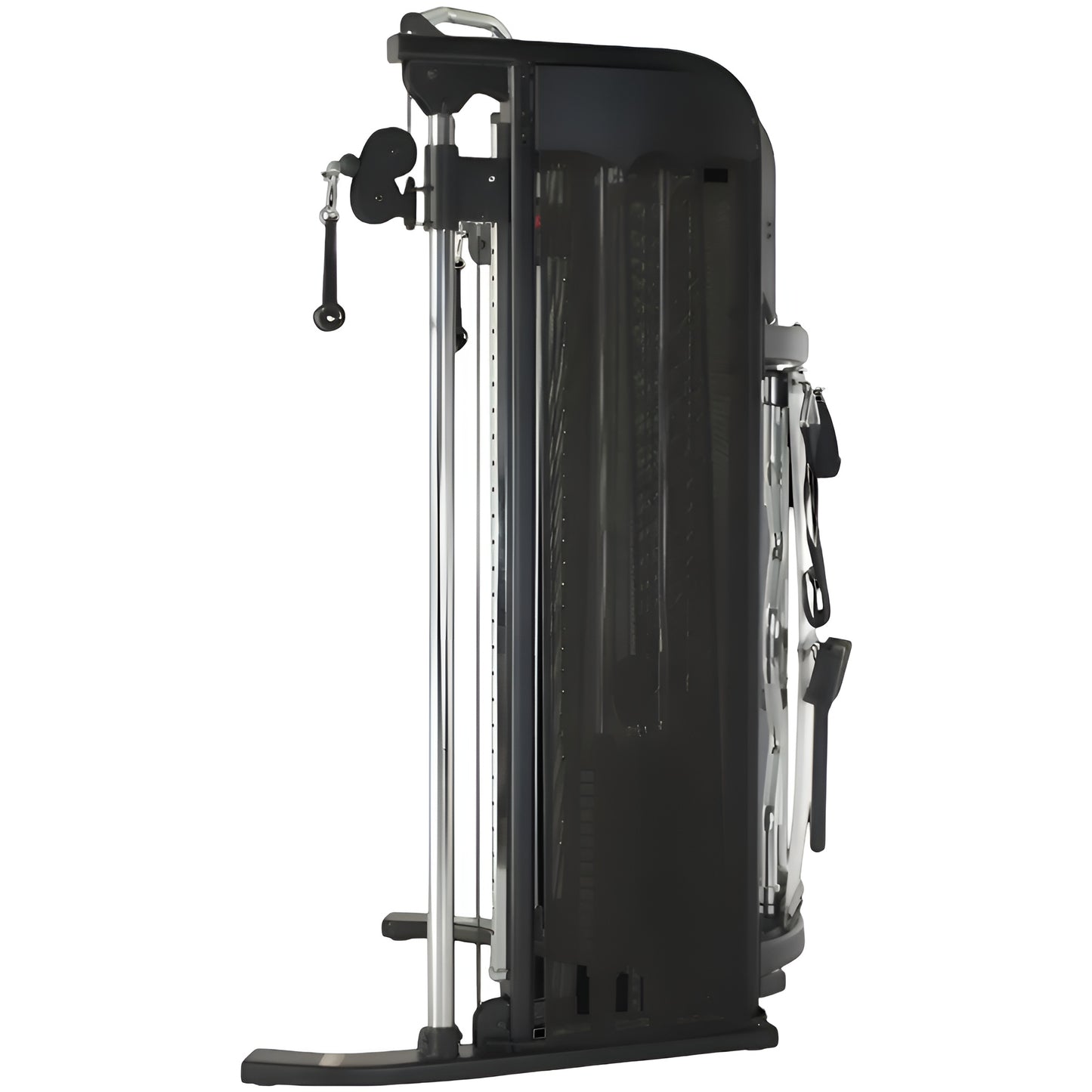 Vue de profil de la station de musculation Inspire FT1, illustrant sa conception peu encombrante idéale pour les coins de pièce.