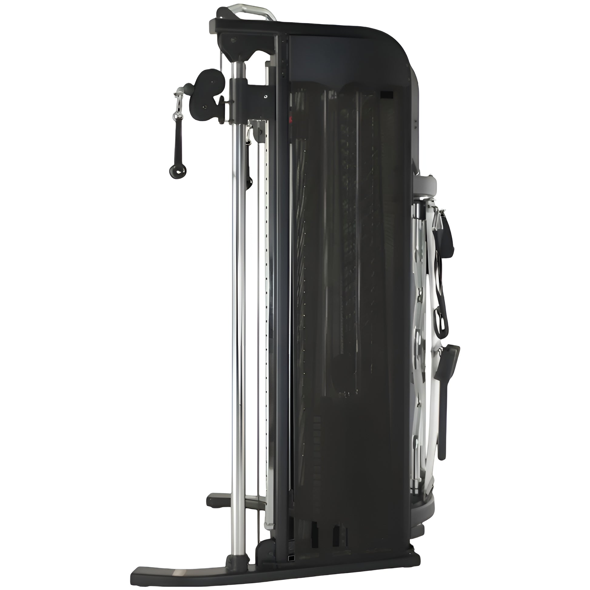 Vue de profil de la station de musculation Inspire FT1, illustrant sa conception peu encombrante idéale pour les coins de pièce.