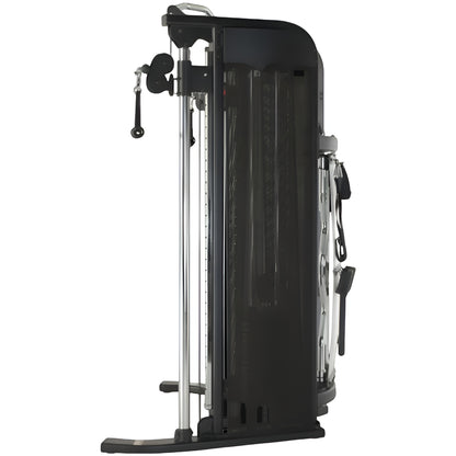 Vue de profil de la station de musculation Inspire FT1, illustrant sa conception peu encombrante idéale pour les coins de pièce.
