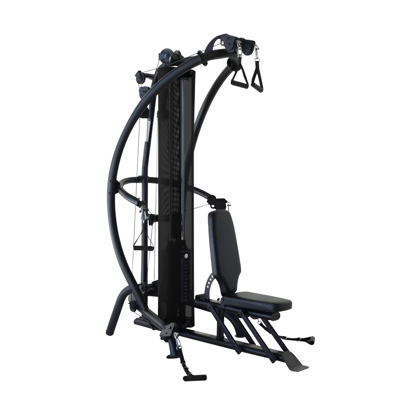 Vue latérale de l'appareil multi-station Inspire M1 illustrant les bras de tirage et le système de câbles fluides pour un entraînement complet du corps.