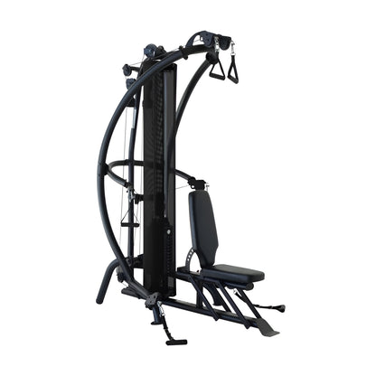 Vue latérale de l'appareil multi-station Inspire M1 illustrant les bras de tirage et le système de câbles fluides pour un entraînement complet du corps.