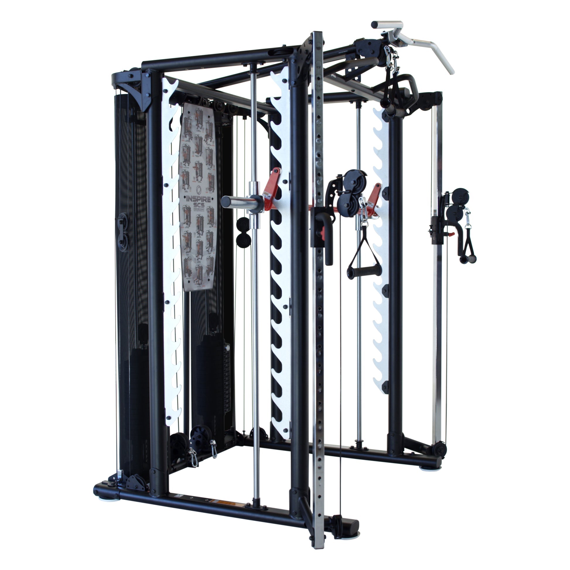 Vue de profil de l'appareil de musculation multifonction Inspire SCS montrant la structure robuste de la cage et le système de poulies.
