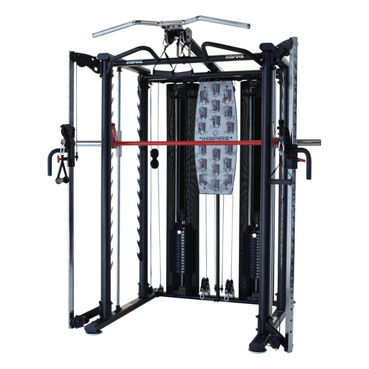 Système complet Inspire Smith Cage System (SCS) incluant le banc ajustable, les poulies fonctionnelles et la barre Smith.