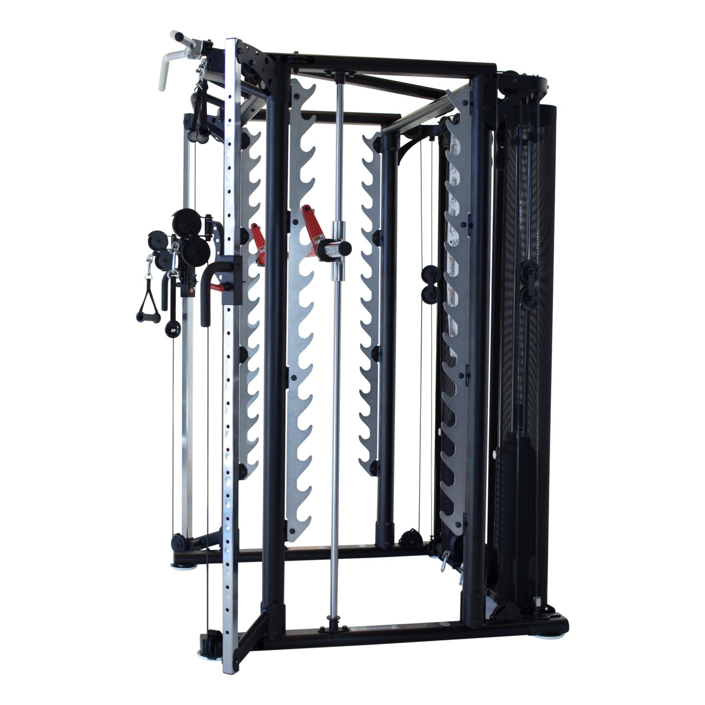 Détail de la Smith Machine intégrée de l'Inspire SCS avec barre guidée pour un entraînement de force sécuritaire et fluide.