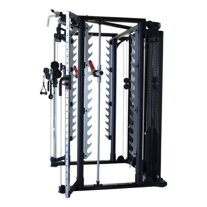 Détail de la Smith Machine intégrée de l'Inspire SCS avec barre guidée pour un entraînement de force sécuritaire et fluide.