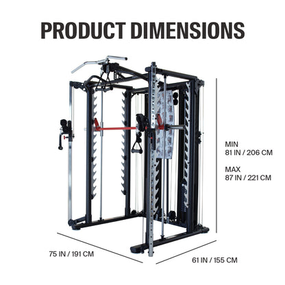 Schéma technique des dimensions de l'Inspire SCS : largeur de 75", profondeur de 99" (avec banc) et hauteur ajustable jusqu'à 87".