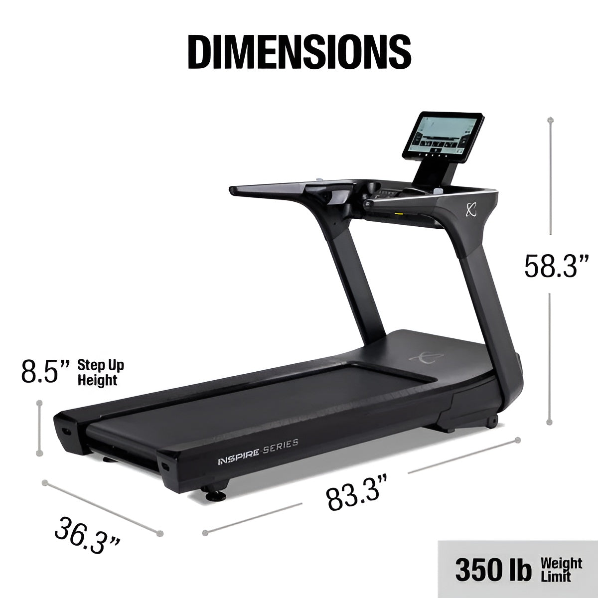 Schéma des dimensions du tapis roulant Inspire T7S : 83,3" de longueur, 58,3" de hauteur et capacité de 350 lb.