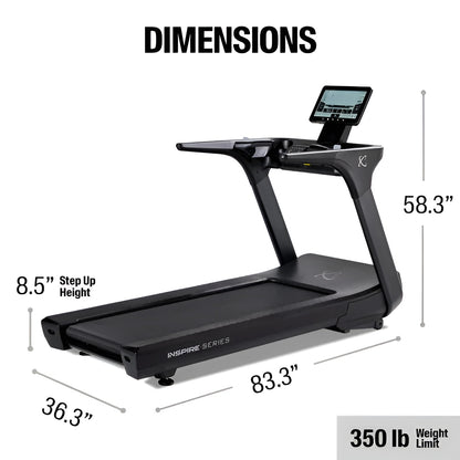 Schéma des dimensions du tapis roulant Inspire T7S : 83,3" de longueur, 58,3" de hauteur et capacité de 350 lb.