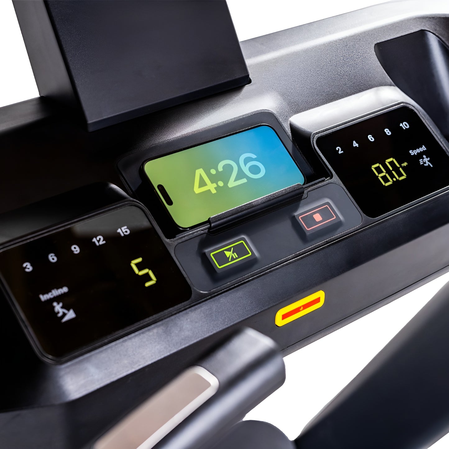 Détail de la console du tapis roulant Inspire T7S montrant les boutons de contrôle rapide pour l'inclinaison et la vitesse.