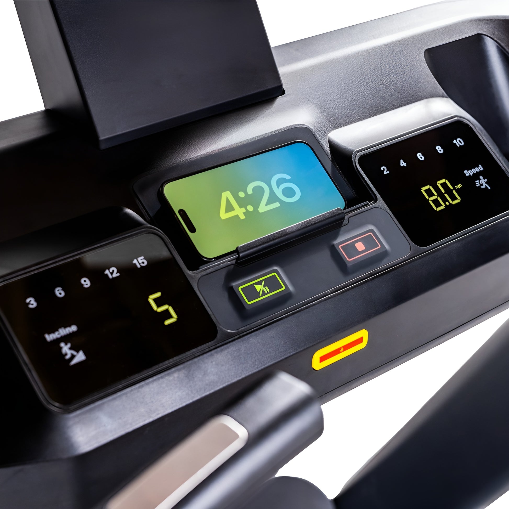 Détail de la console du tapis roulant Inspire T7S montrant les boutons de contrôle rapide pour l'inclinaison et la vitesse.