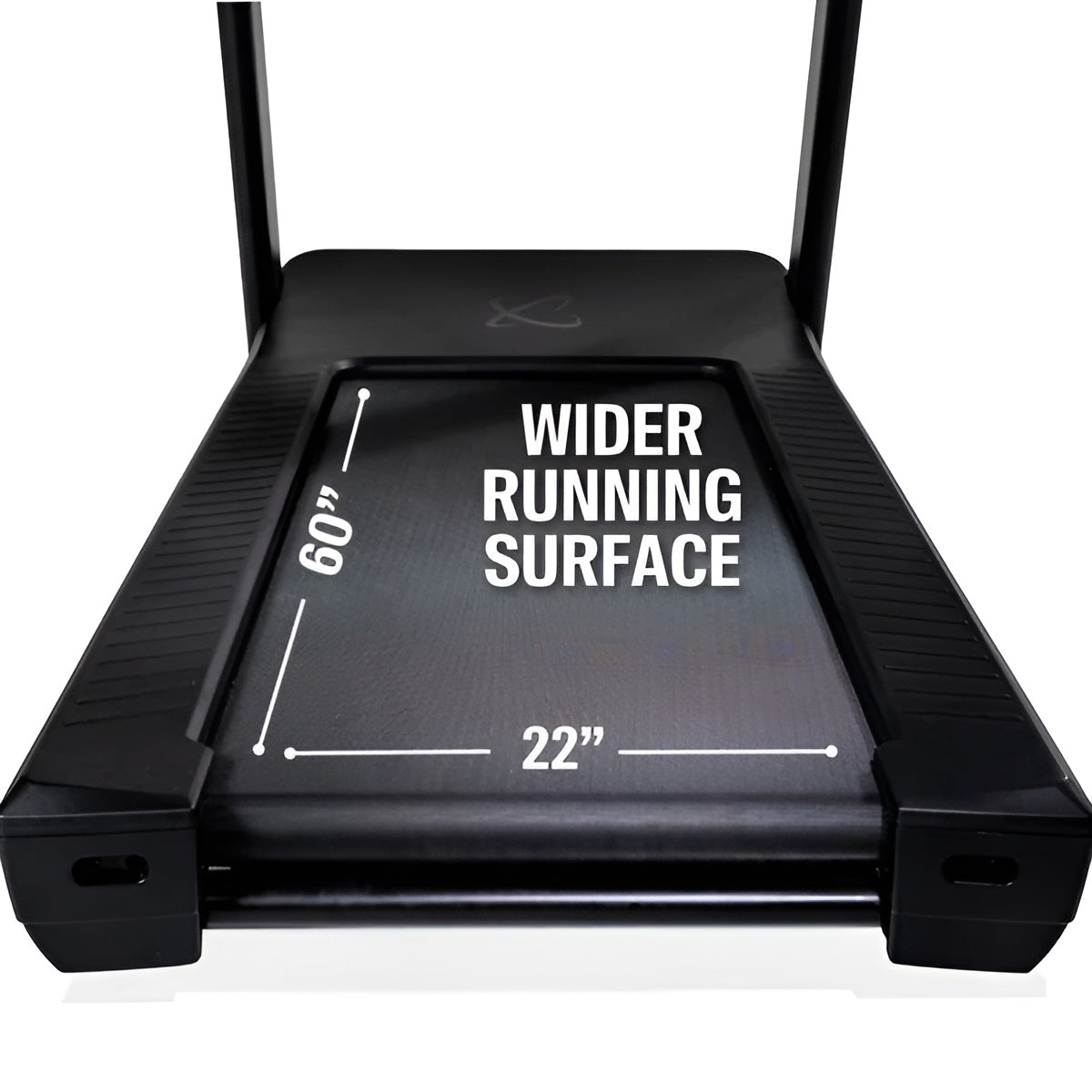 Vue de la surface de course extra large du tapis roulant Inspire T7S mesurant 60 pouces par 22 pouces.