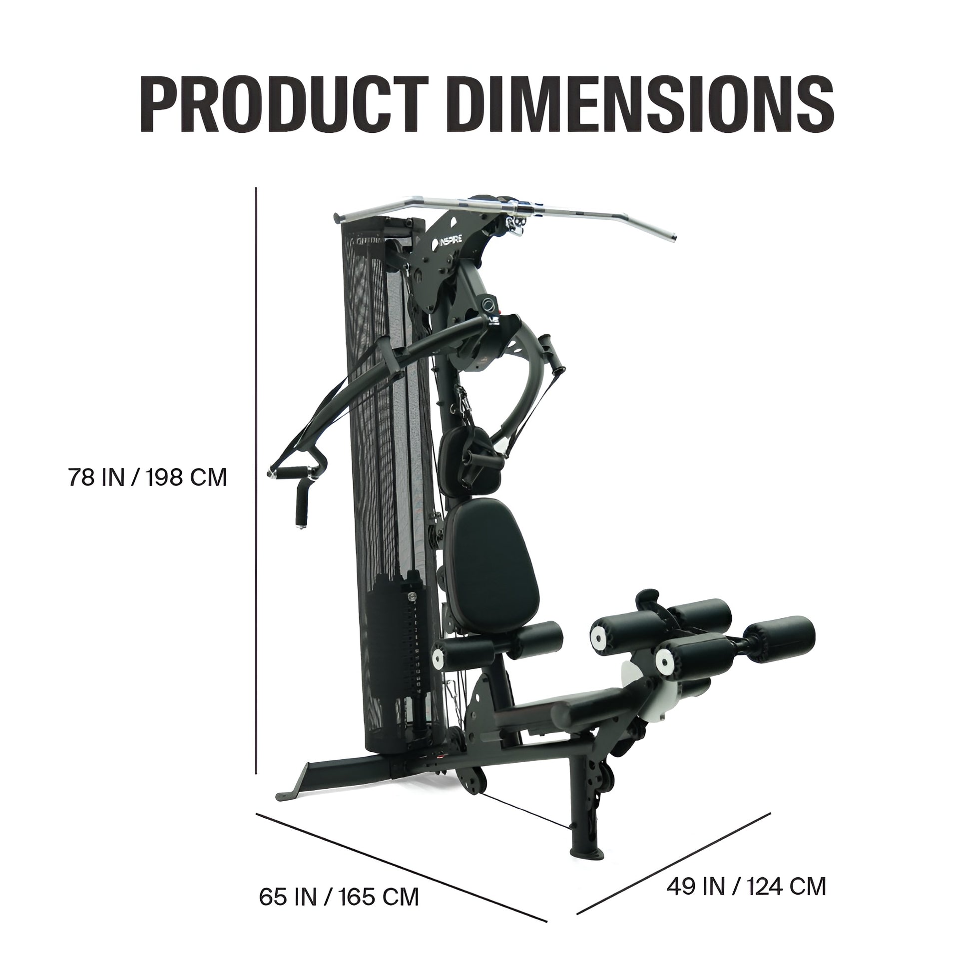 Schéma technique montrant les dimensions au sol de l'Inspire M2 : 49 pouces de largeur par 65 pouces de profondeur.