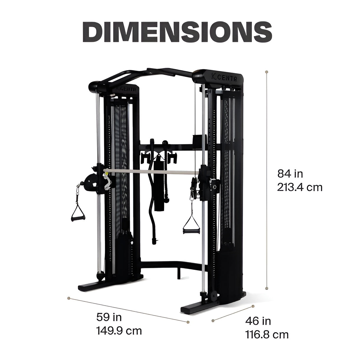 Schéma des dimensions du Inspire SF3 : hauteur de 84 po (213 cm), largeur de 59 po (150 cm) et profondeur de 46 po (117 cm).
