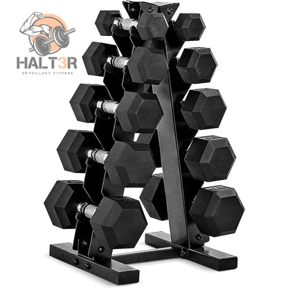 Ensemble d'haltères hexagonaux variant entre 5 et 25lbs. Ils sont placés en paire sur un support pyramidal 5 paires noir.