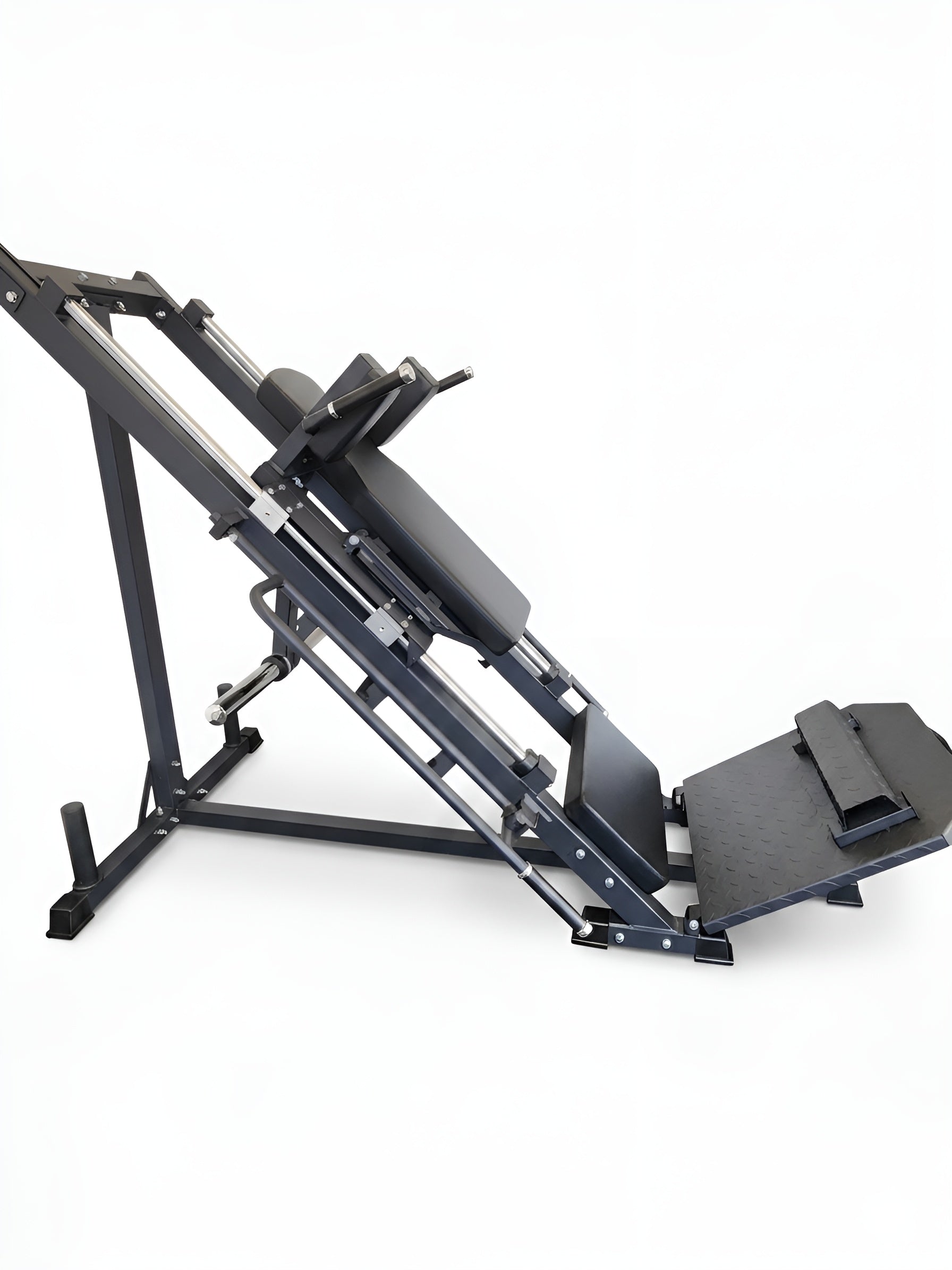 Vue de profil de la Leg Press et Hack Squat HALT3R Fitness montrant sa structure robuste en acier noir.