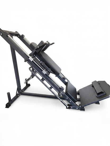 Vue de profil de la Leg Press et Hack Squat HALT3R Fitness montrant sa structure robuste en acier noir.