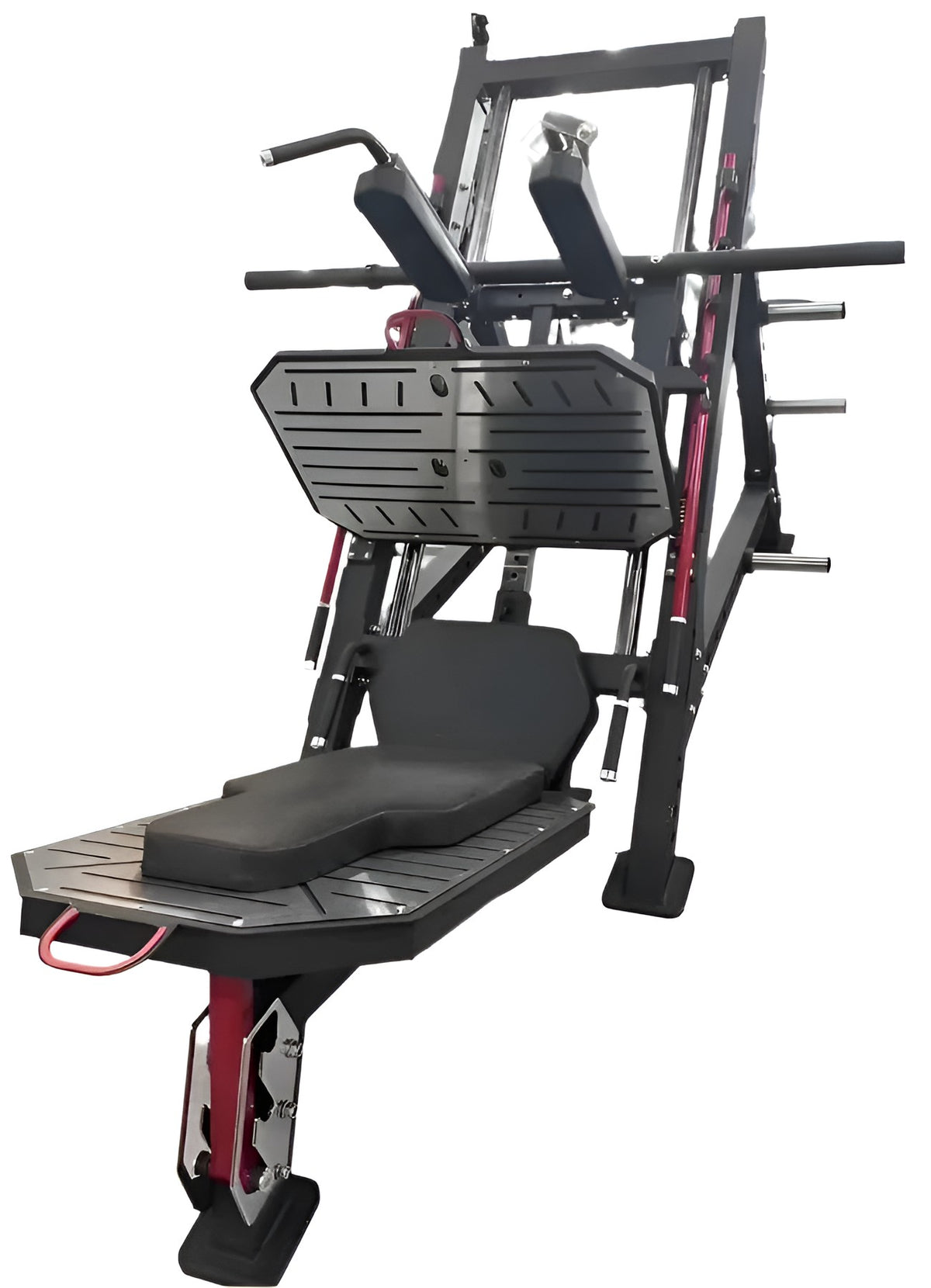 Machine Leg Press commerciale 2-en-1 de couleur noire et rouge configurée en position presse à cuisses avec grand plateau inclinable.