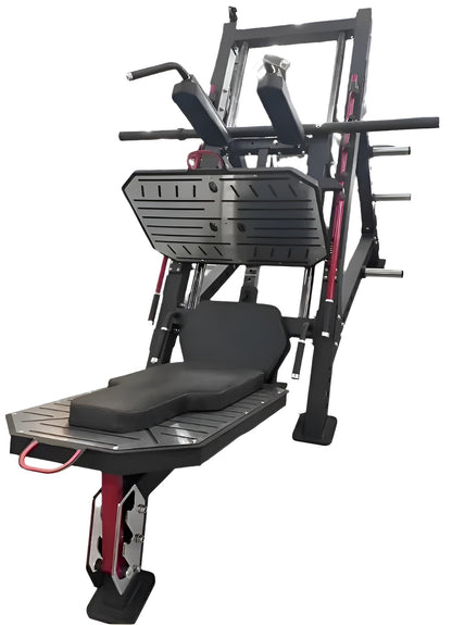 Machine Leg Press commerciale 2-en-1 de couleur noire et rouge configurée en position presse à cuisses avec grand plateau inclinable.