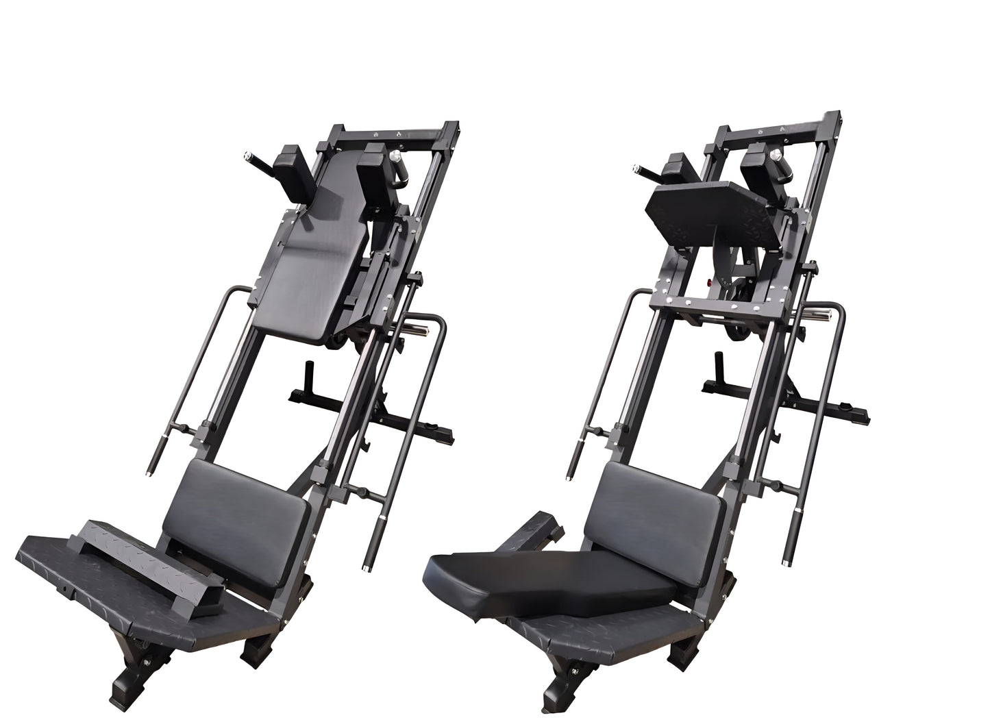 Vue d'ensemble montrant la polyvalence de la machine Leg Press et Hack Squat 2-en-1 HALT3R, illustrant les deux positions d'entraînement.