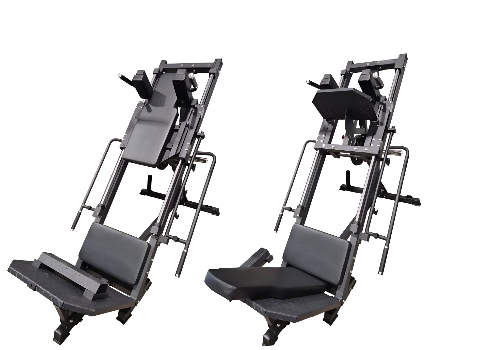 Vue d'ensemble montrant la polyvalence de la machine Leg Press et Hack Squat 2-en-1 HALT3R, illustrant les deux positions d'entraînement.