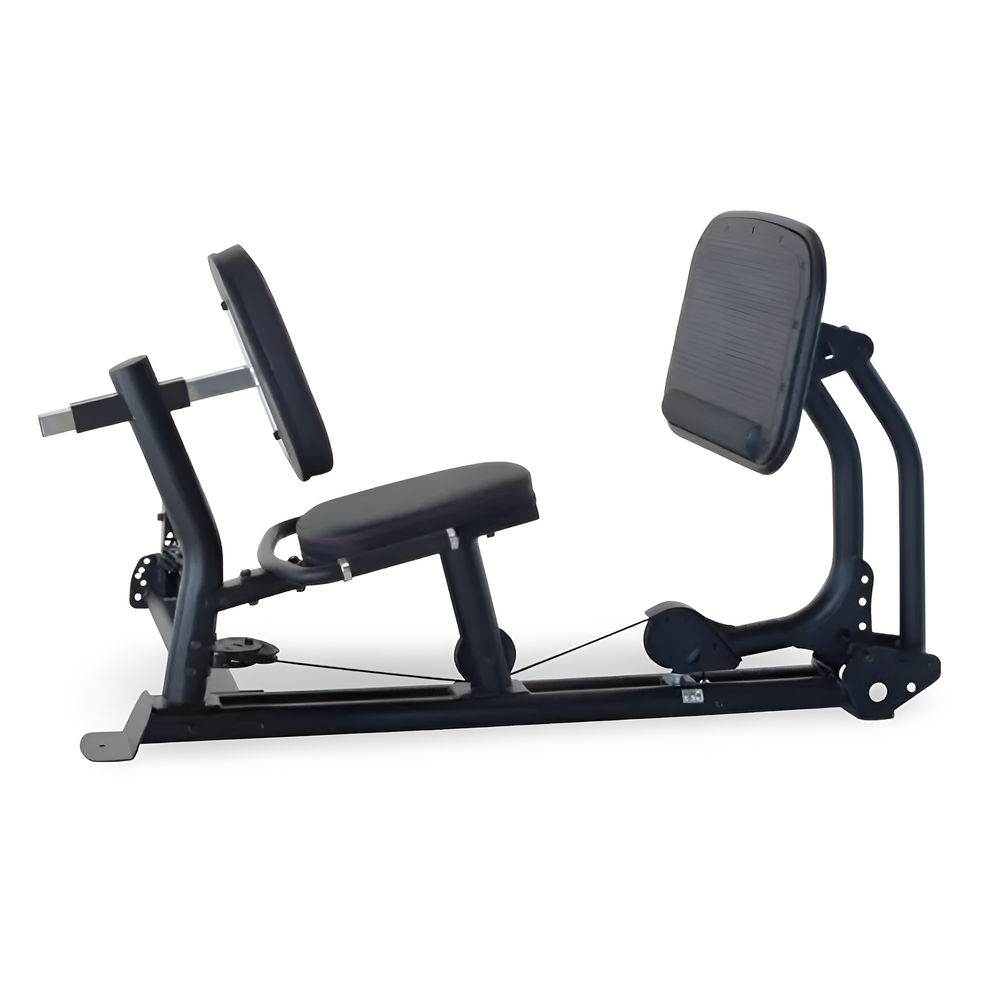 Vue latérale gauche de l'accessoire de presse pour jambes Inspire Fitness isolé, avec son large repose-pieds, son siège et son dossier noirs, ainsi que sa structure en acier noir mat sur fond blanc.