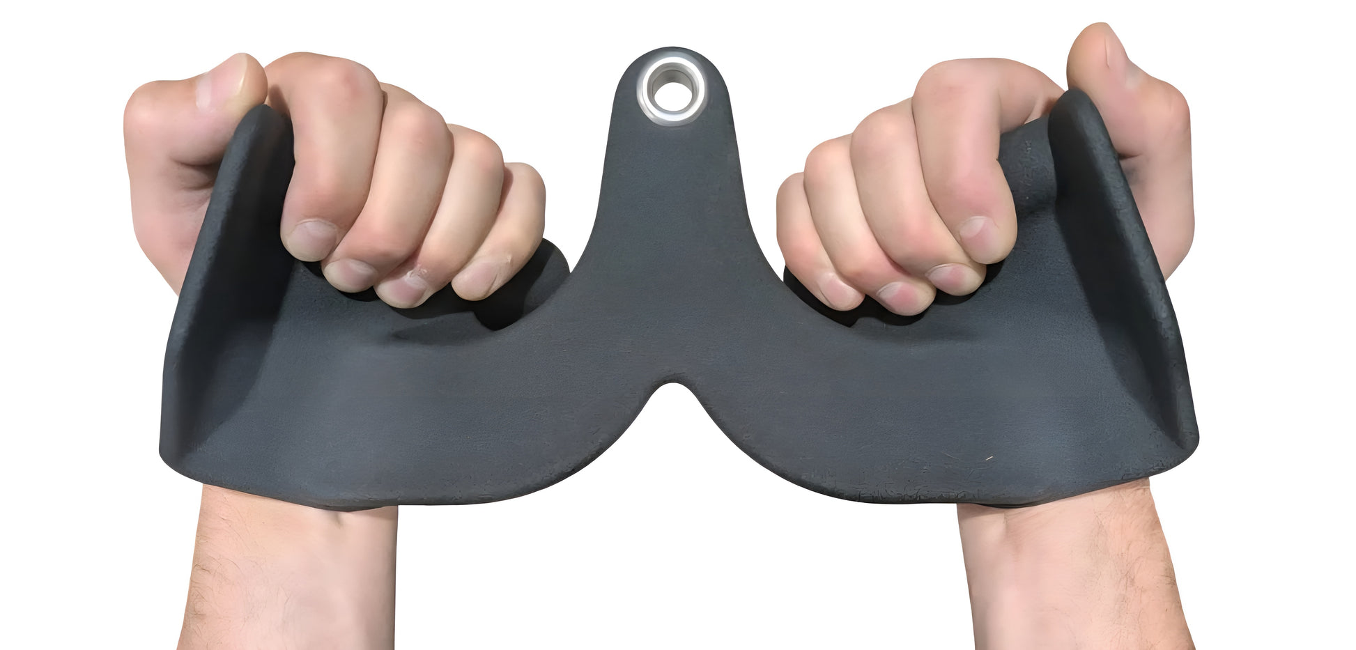 Vue de démonstration de la barre de tirage latérale ergonomique HALT3R Fitness avec des mains en position de supination étroite, illustrant le support palmaire et la prise sécuritaire.