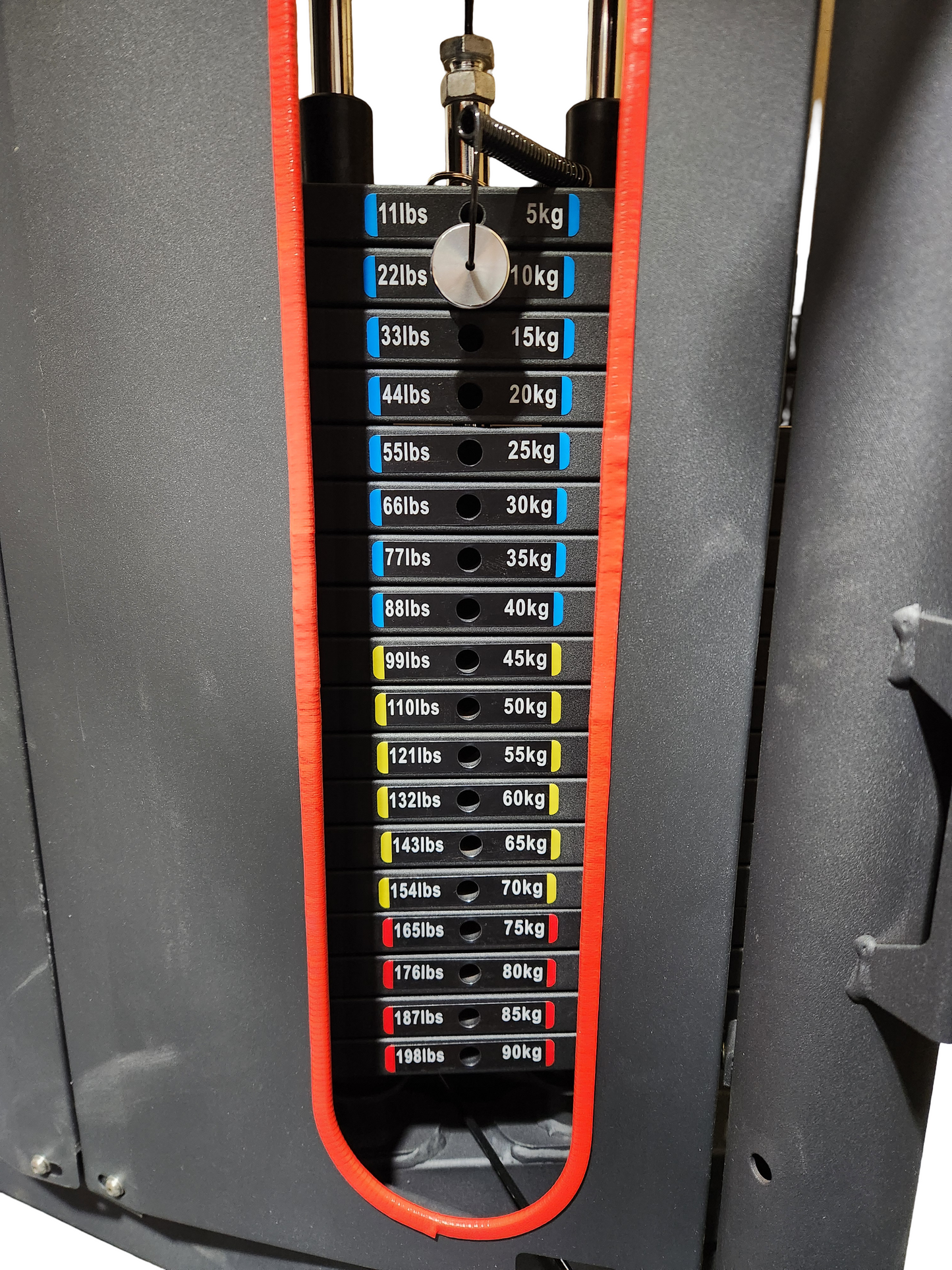 Ensemble des poids sélectifs (200lbs) offerts sur la machine smith Pro-X de HALT3R Détaillant Fitness.