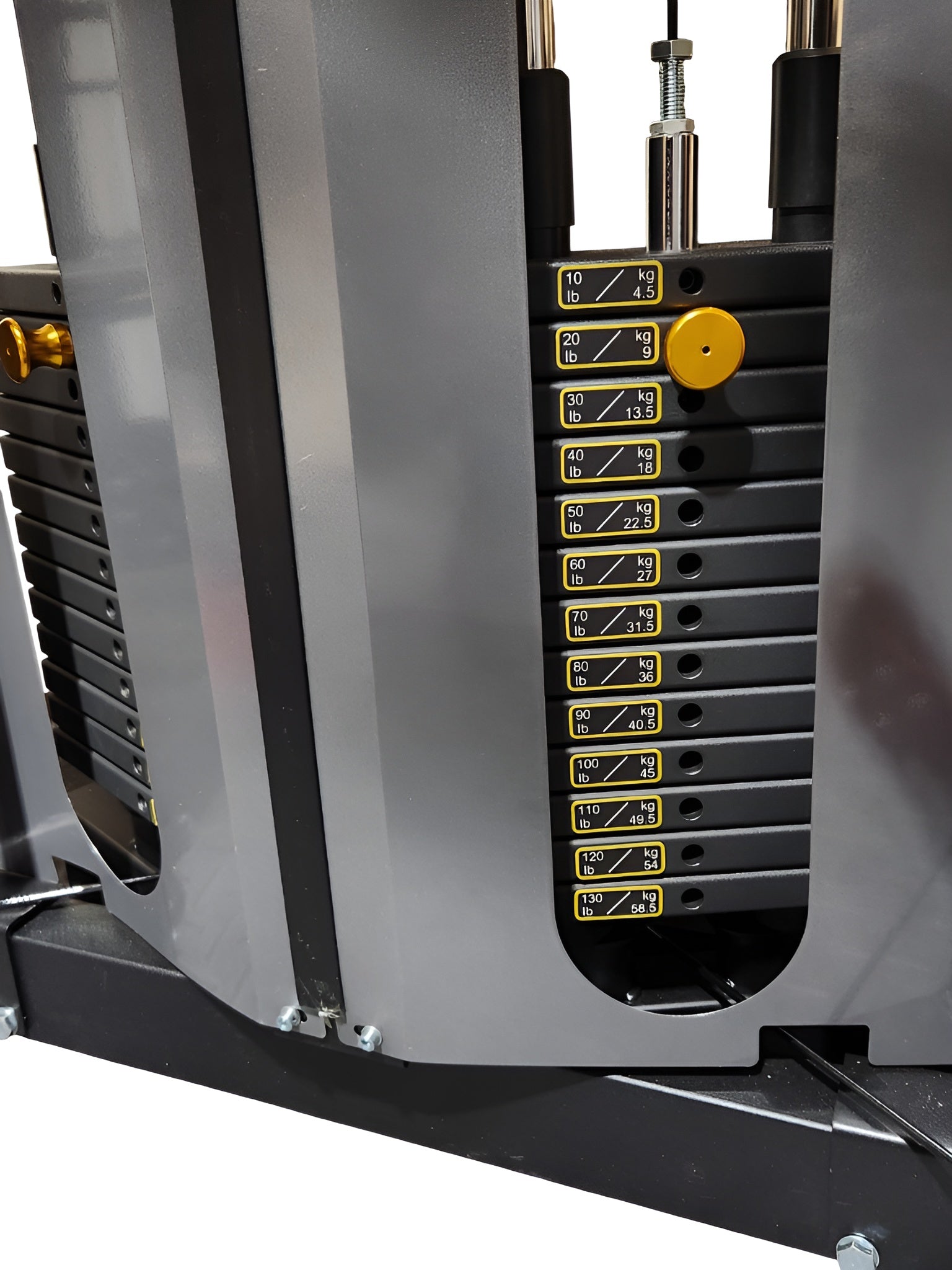 Ensemble des poids sélectifs (130lbs) offerts sur la machine smith Pro-X de HALT3R Détaillant Fitness.